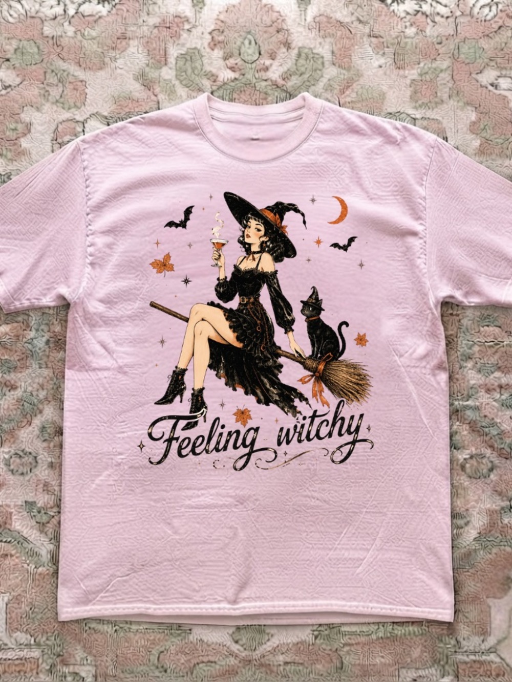 Feeling Witchy Pin Up Girl Black Cat Halloween Retro Vintage Pink T-Shirt